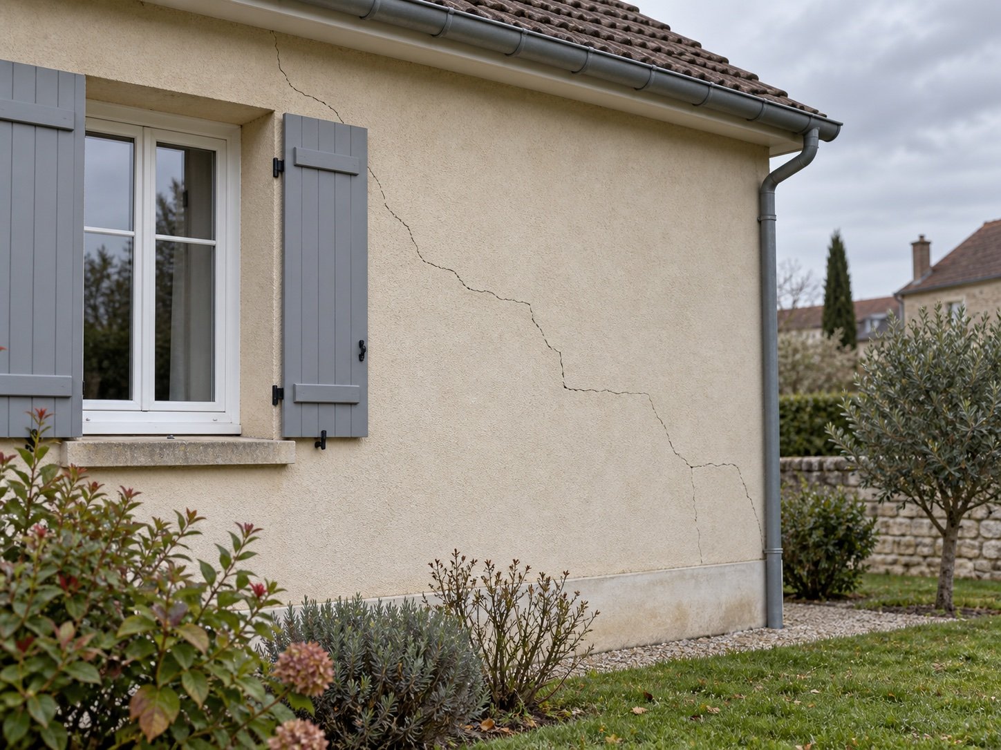 Illustration d’une façade de maison présentant des fissures près d’une fenêtre.